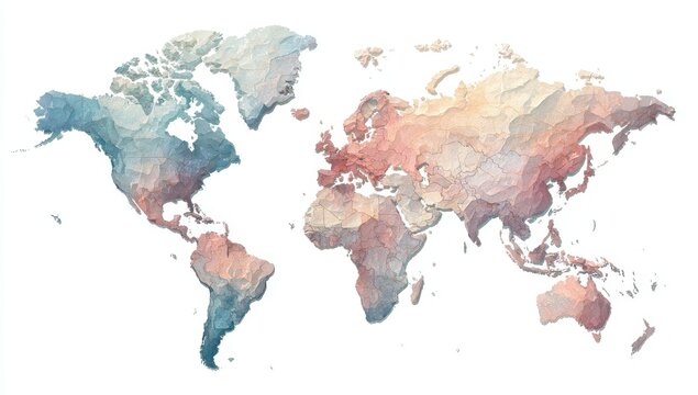 World map, 3D textured, pastel hues