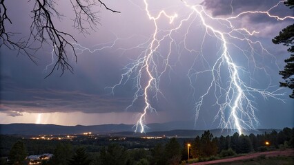 Dramatic Nighttime Lightning Storm Over Mountain Town Landscape