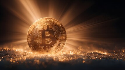 Golden bitcoin coin illuminated by radiant light.
