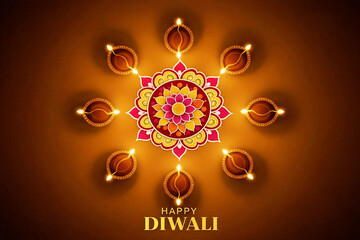 Happy Diwali featuring the centerpiece of a traditional Indian rangoli with intricate, symmetrical, colorful floral and geometric motifs, surrounded by nine glowing oil lamps (diya)