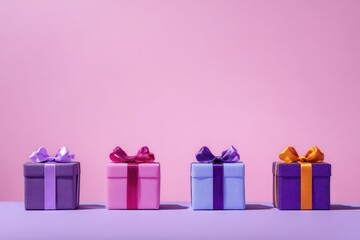 Four small gift boxes in various pastel colors,  arranged in a row against a soft pink backdrop.  Each box features a matching ribbon bow