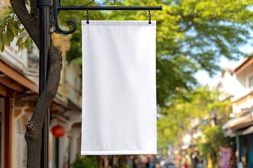 Blank white banner hanging from a street lamp post, blurred background of a city street