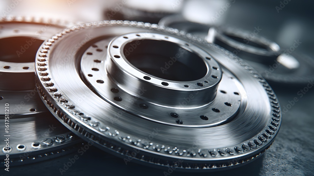 Poster close-up view of metallic machine components.