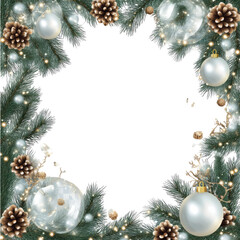 Christmas wreath with pine branches, pinecones, silver baubles and lights Christmas lights isolated on a transparent background