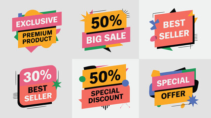 Colorful Sale Labels Featuring Percentages Off, Best Seller, and Special Offers