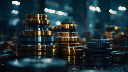 Stacks of metallic disks in a manufacturing facility.