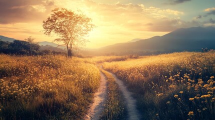 Fototapeta premium A lone tree stands tall in a field of tall grass, as the sun sets over a mountain range. The path leads into the distance, offering a sense of adventure and tranquility.