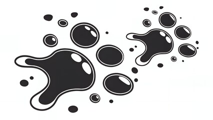 Isolated graphic illustration of black ink spills and bubbles on a white background design element