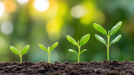 Four young green plants sprouting from soil, growing progressively taller with a blurred green and yellow background.