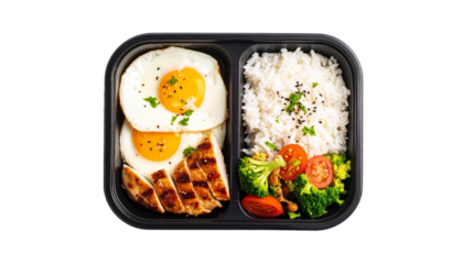 Bento Box with Grilled Chicken, Rice, and Sunny Side Up Eggs Isolated on Transparent Background, Top View