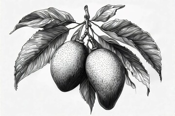 A detailed botanical line drawing of two mangoes hanging from a slender branch, surrounded by elongated tropical foliage.
