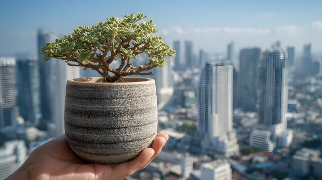 Small bonsai tree in a gray planter, held aloft against a city backdrop.