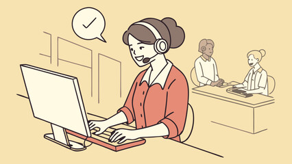 Woman Using Headset and Computer While Engaging in Customer Service Interaction