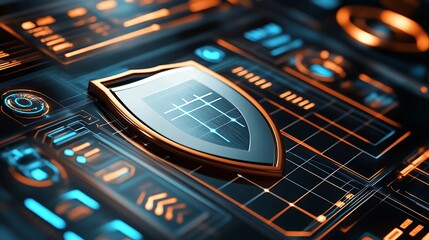 A futuristic shield on a dark surface with glowing orange and blue digital elements