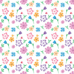 A seamless floral pattern white background. The design has a flat, modern style, ideal for textiles, packaging, wallpapers, and spring-themed projects