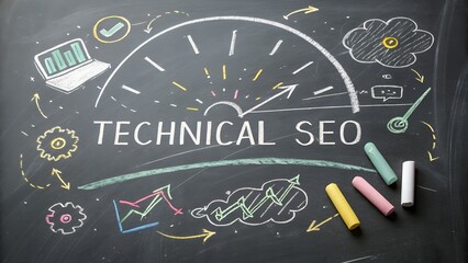 Technical seo chalkboard drawing with laptop, graphs, clouds, and chalk pieces on a black surface