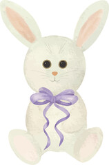 Vector illustration of a plush white bunny with a bow, presented as a gift. Great for baby shower cards, nursery decorations, kids’ invitations, and print designs.