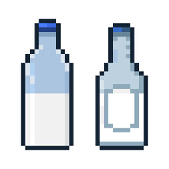 Pixel Art Milk Bottle and Empty Bottle Set. A set of two pixel art illustrations of glass milk bottles.