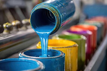 Blue paint being poured into a can, among other color paints.  A factory scene