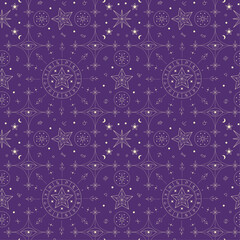 Astrology and astronomy illustration pattern. Tarot, sun, moon, star, zodiac, eye of god on a purple background. 12 zodiac signs and symbols of astrology vector. wrapping paper. gypsy style