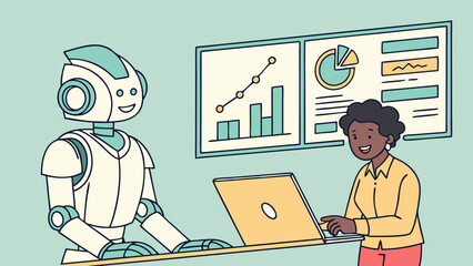 Young Professional Engaging with a Robot at a Digital Workspace Displaying Data