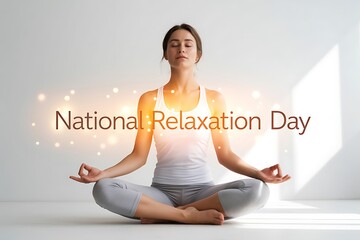 Serene woman meditates in peaceful lotus pose, embracing tranquility and inner calm for National Relaxation Day celebration.