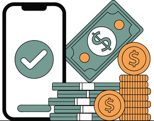 Digital payment and mobile banking concept. Vector illustration of a successful financial transaction on a smartphone with cash and coins.