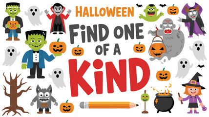 Fototapeta premium Halloween Find One Of A Kind Game With Cartoon Characters And Pumpkin Decorations