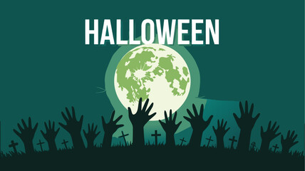 Halloween Night Graveyard Zombie Hands Reaching Under a Green Moon Background