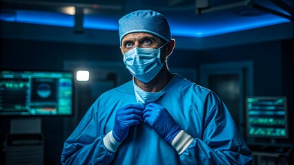 Focused Surgeon Wearing Mask and Scrubs Preparing for Operation in High-Tech Operating Room