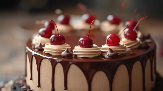 Chocolate cake with cherries and frosting