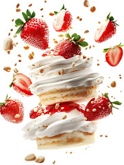 A Strawberry Layered Vanilla Cake with Ingredients Flying on Transparent Background