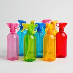 Colorful Spray Bottles in Various Bright Shades for Cleaning and Household Use in Modern Environment