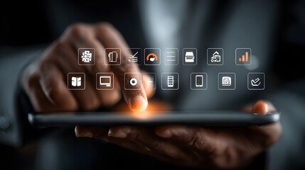 Person using digital tablet with application icons