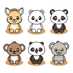 Fototapeta premium Six cute cartoon baby animals sitting on brown oval shapes kawaii illustration