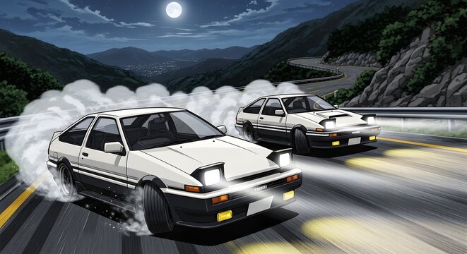 Retro Anime Moonlight Drift Race: Classic JDM Cars on Mountain Pass