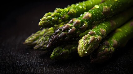 Close-up view of fresh asparagus spears covered in water droplets.