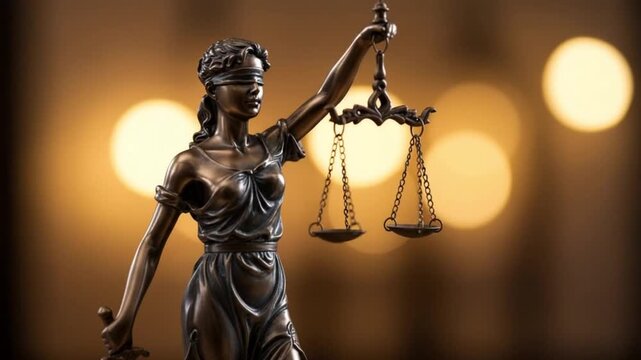 Bronze statue of Lady Justice, scales and sword