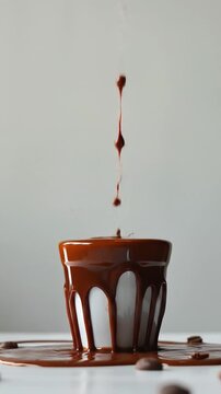 Chocolate syrup drips onto a white cup and table