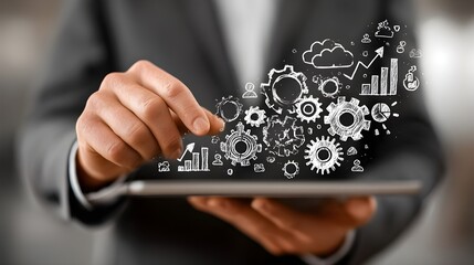 Businessperson using tablet, gears and graphs concept
