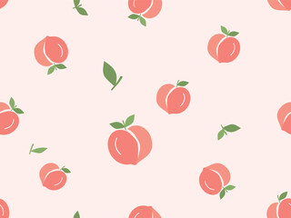 Seamless pattern of peach fruit with green leaves on pastel background vector.