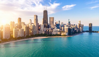 Naklejka premium Chicago Skyline Aerial View: Stunning Cityscape at Sunrise