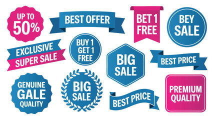 Obraz premium of Sale Banners and Labels Featuring Special Offers and Discounts in Blue and Pink