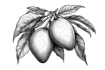 A detailed botanical line drawing of two mangoes hanging from a slender branch, surrounded by elongated tropical foliage.
