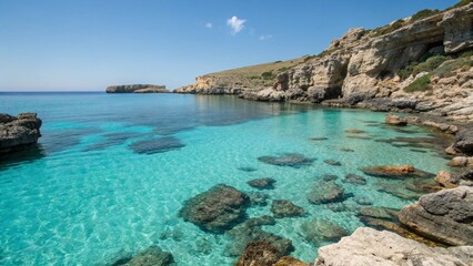 Serene Mediterranean Cove: Crystal-Clear Turquoise Waters, Rocky Coastline, Sunny Day
