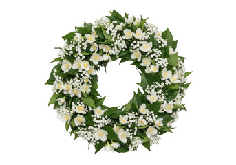 Elegant white floral wreath with greenery isolated on transparent background