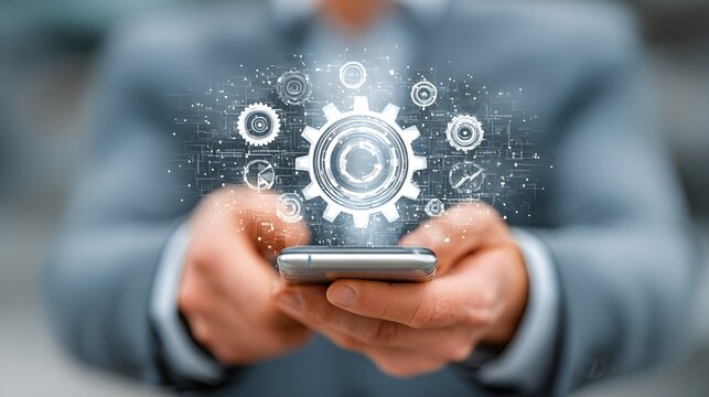 Businessperson using phone, digital gears interface