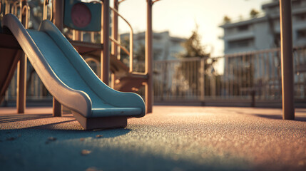 Playground slide outdoor play equipment children recreation urban park sunset lighting safety surface residential area leisure activity empty