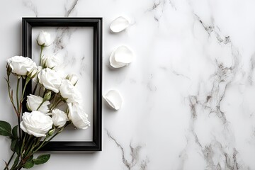 White roses in black frame on marble