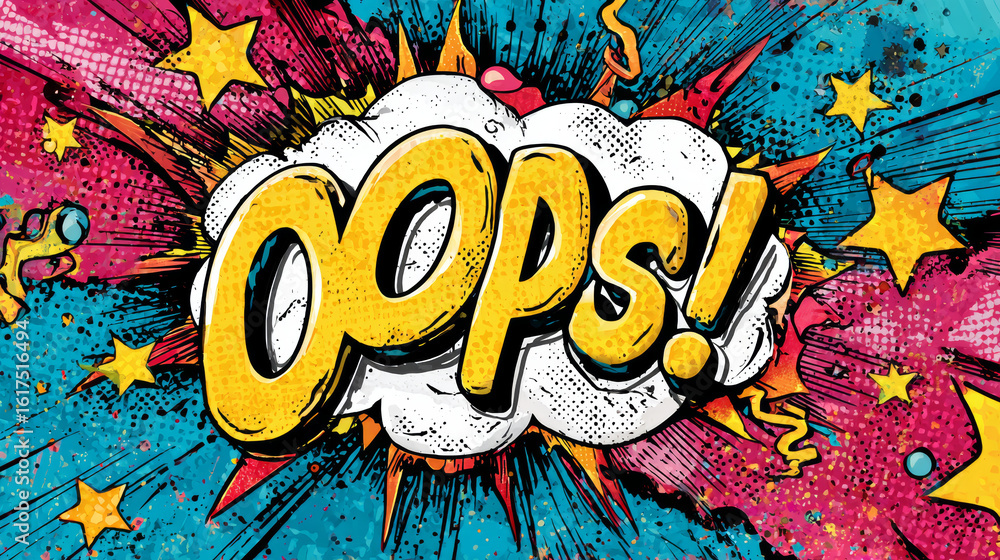 Poster oops comic text with colorful explosion background and stars in pop art style, vibrant and dynamic e